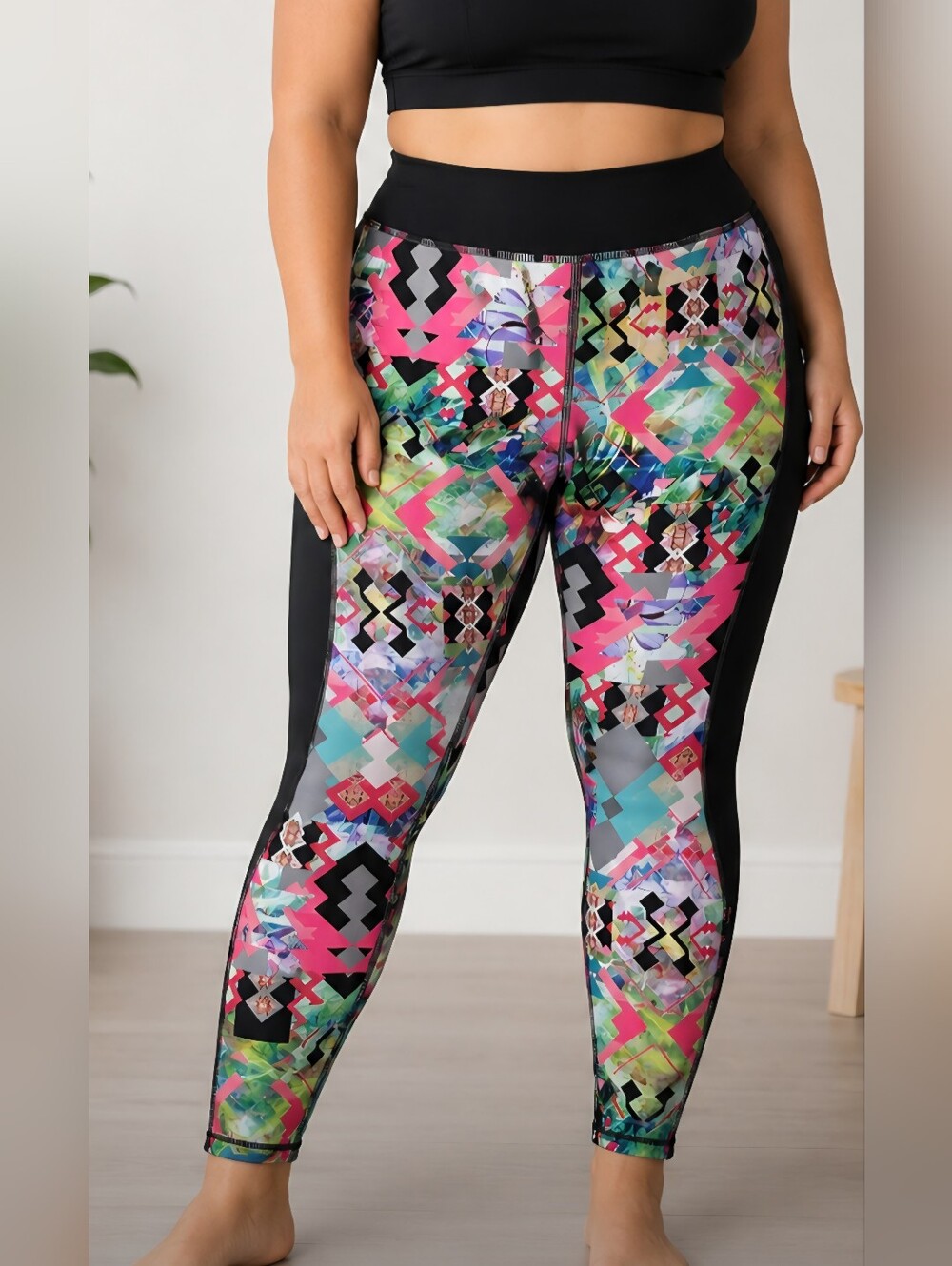 Pink Lotus- Multi-Color Geometric Active Leggings Womens 1X